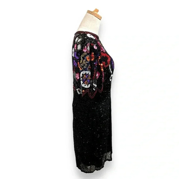Vintage Retro 80's Silk Hand Beaded Sequin Black Niteline Evening Midi Dress 12 - Picture 10 of 13